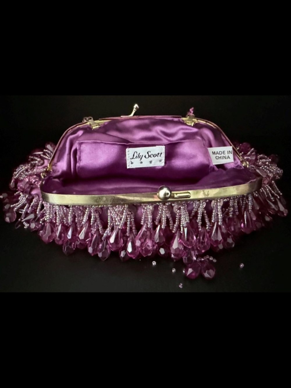 Vintage Lily Scott Lucite Beaded Evening Bag Plum Amethyst Pearl Handle - Picture 5 of 7